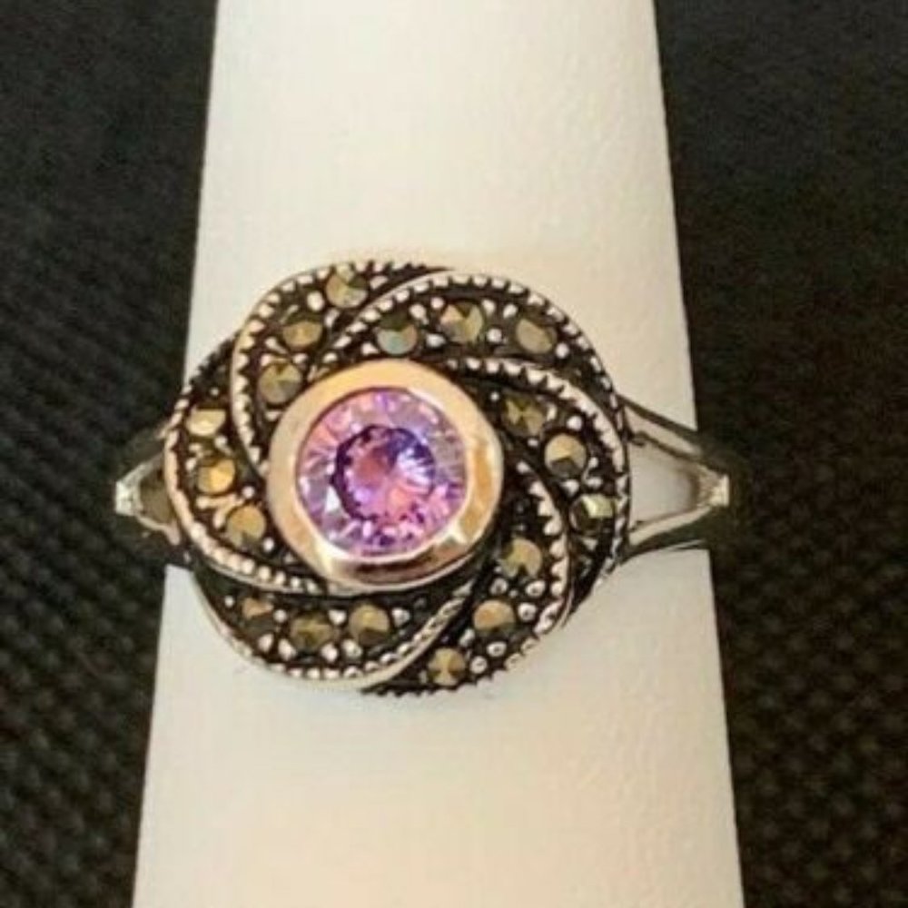 RS Covenant #675 Cubic Zirconia Silver Marcasite Rhodium Plated Ring Size 7